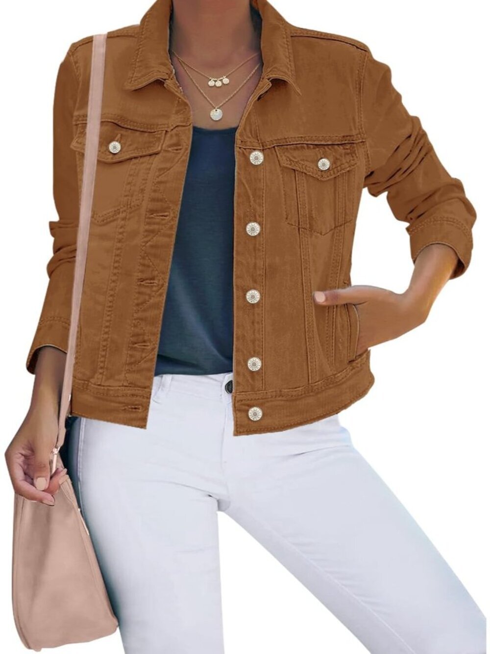 Women's Brown Basic Button Down Stretch Fitted Long Sleeves Denim Jean Jacket